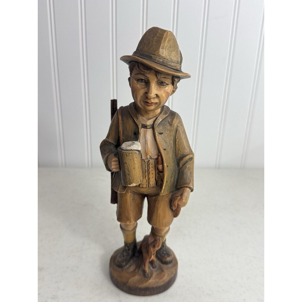 Vintage 10” Man With Dog Stein Hand Painted Woodcarving Figurine